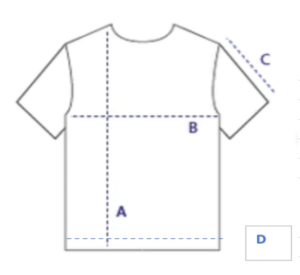 Schéma d’un t-shirt Soamarena présentant quatre mesures : A (longueur verticale), B (largeur au niveau de la poitrine), C (longueur de manche en diagonale) et D (point de référence).