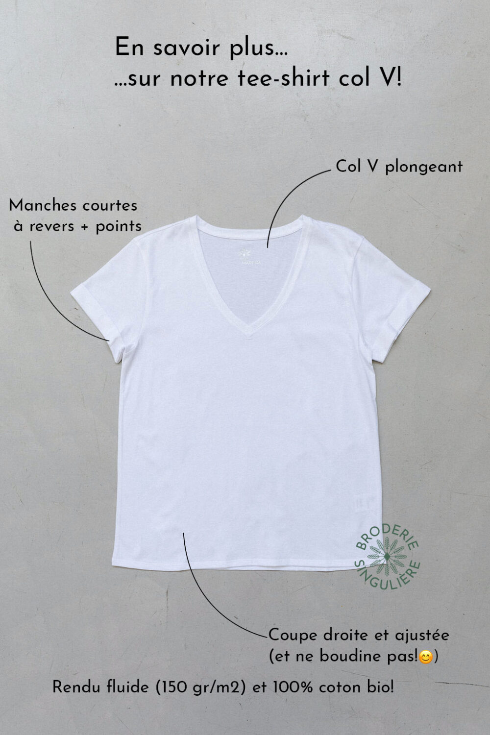 Descriptif tee-shirt brut col V 100% coton bio