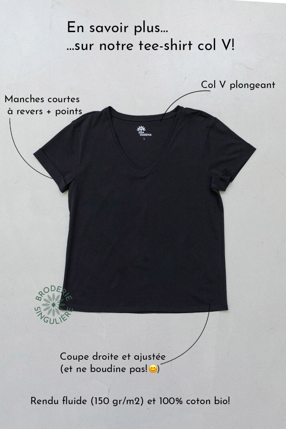 Descriptif tee-shirt noir col V 100% coton bio