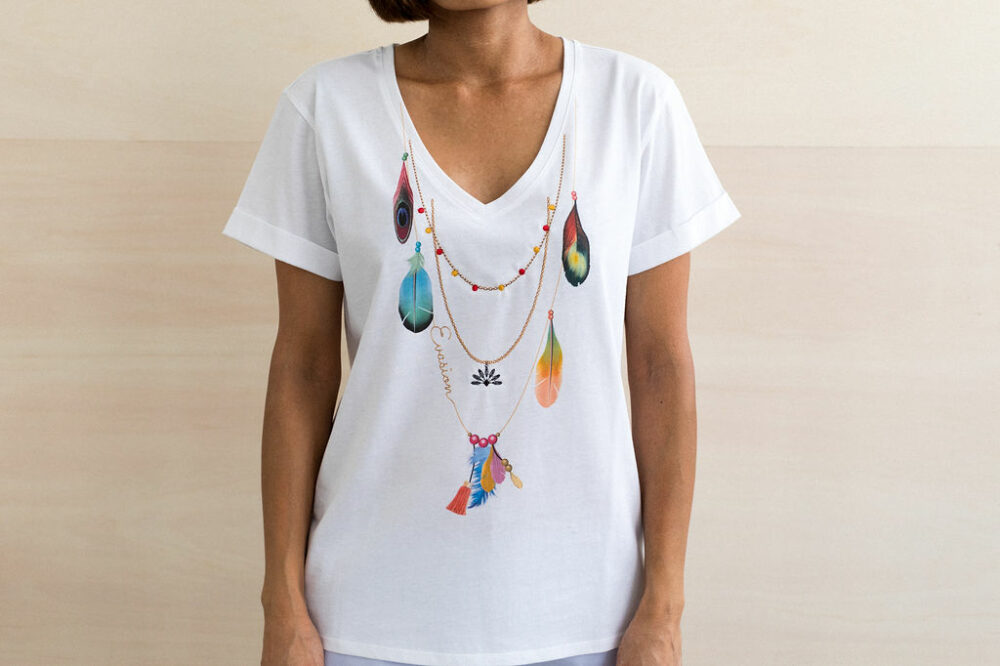 Tee-shirt brodé collier en trompe-l'oeil Evasion