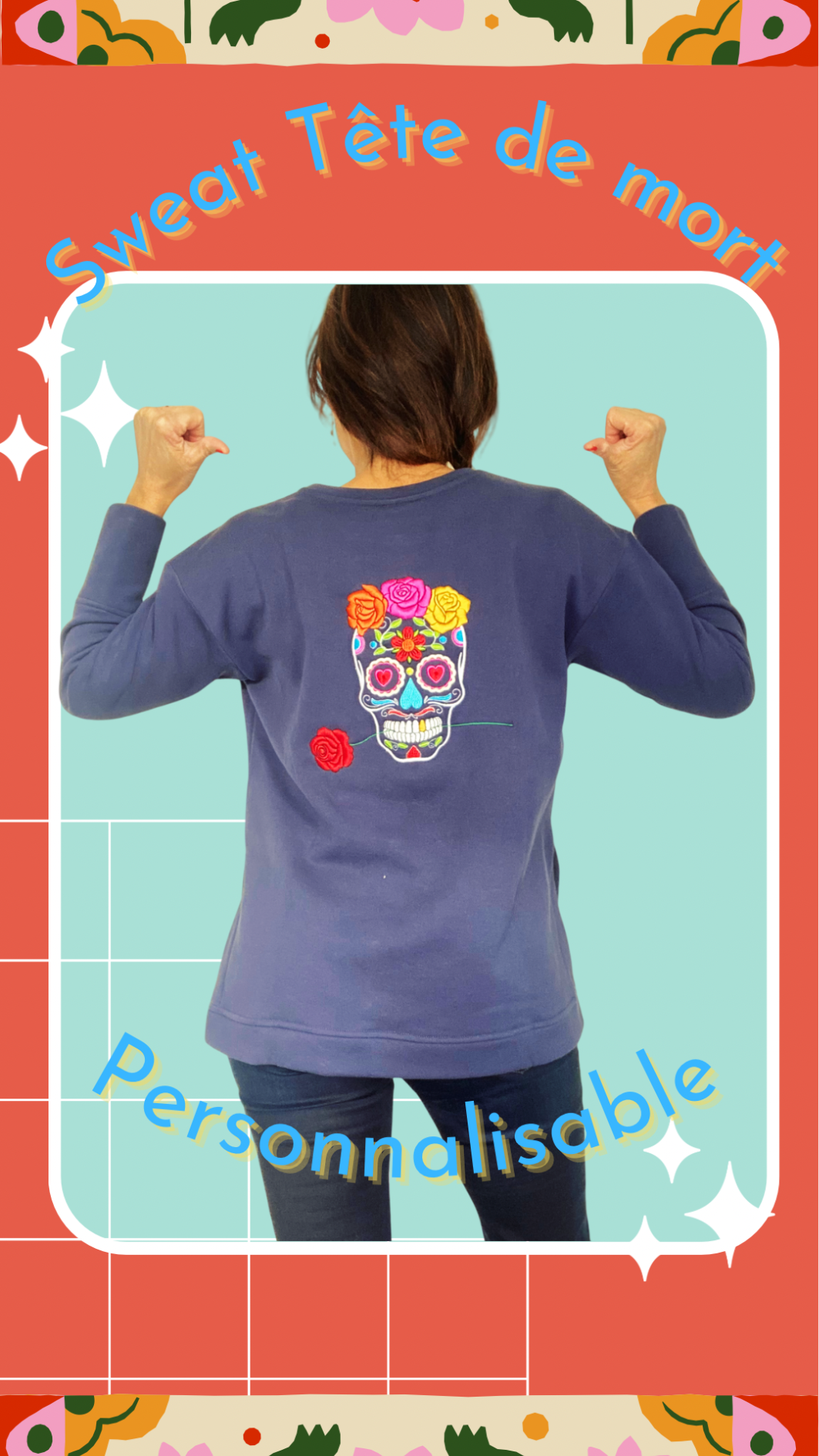 Sweat brodé Soamarena bleu Tête de mort personnalisable